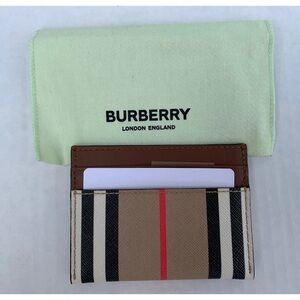 Burberry Taupe Brown Icon Stripe Leather Check  Card Holder